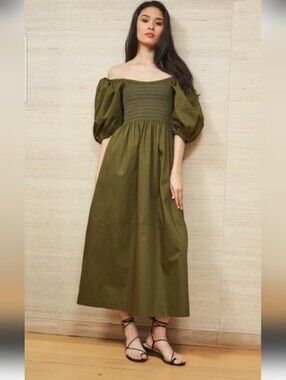 La Ligne Daisy Dress Olive Green Smocked Puff Sleeve Midi Dress XS